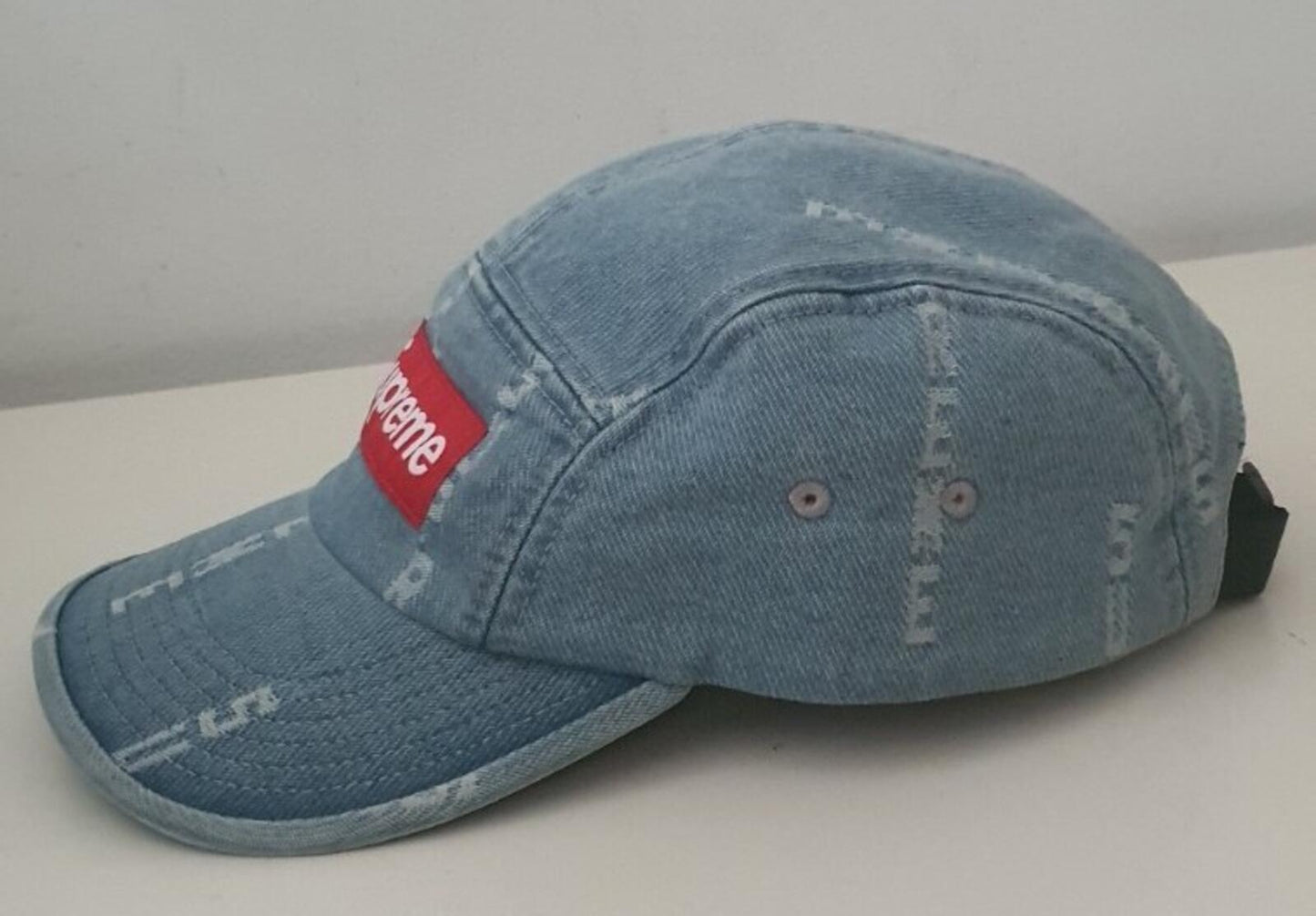 FW20 Supreme Logo Stripe Jacquard denim camp cap red box logo blue hat Worn 1x