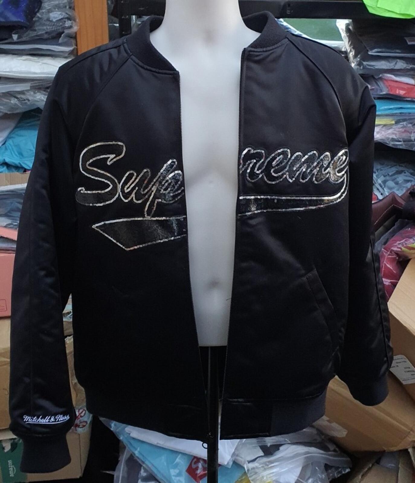 FW21 Supreme Mitchell & Ness logo varsity jacket black medium satin sequin logo