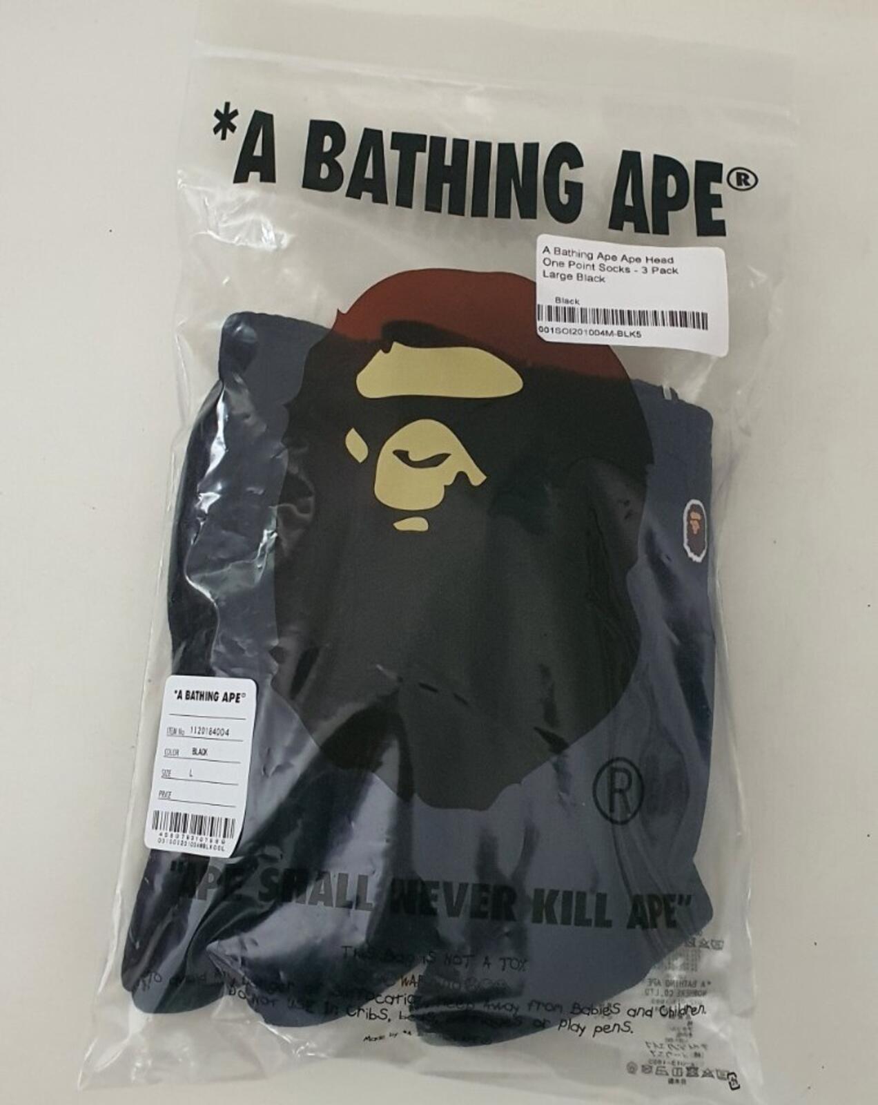 A BATHING APE Ape Head one point black socks 3 pack L large UK 9-11 Japan BAPE