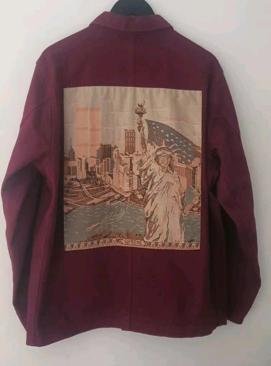 SS18 Supreme NY Tapestry Denim Chore Coat Talla L Chaqueta Marrón Granate