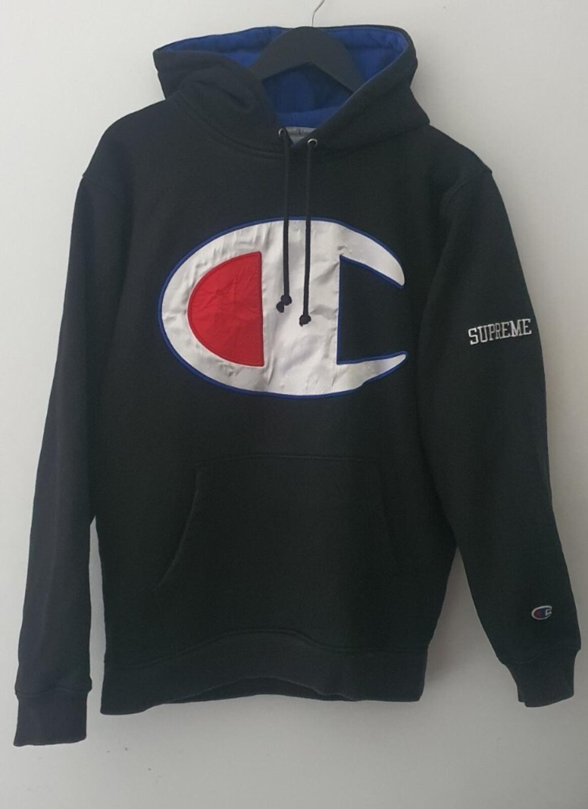 SS17 Supreme x Champion Satin logo Black hooded sweatshirt size M Medium hoodie