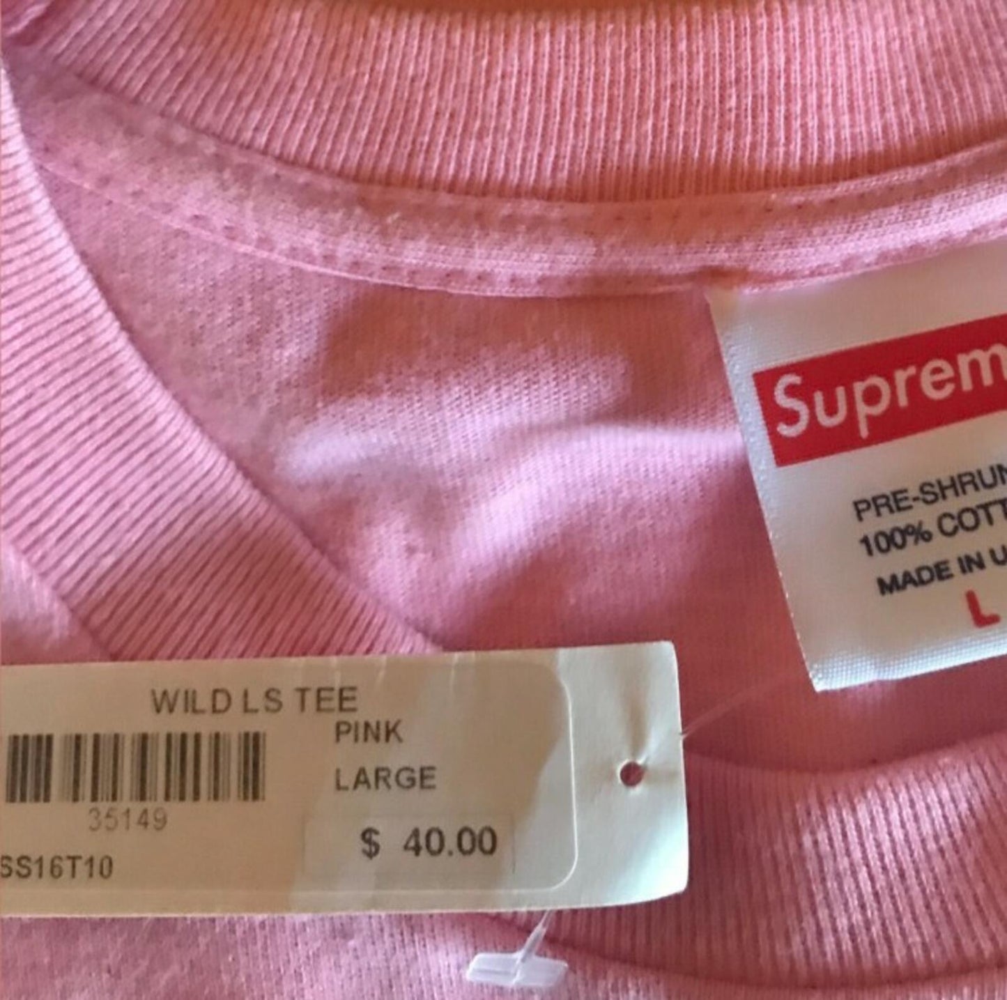 SS16 Supreme Wild L/S Tee pink Long sleeve size L large T-shirt New With Tag Top