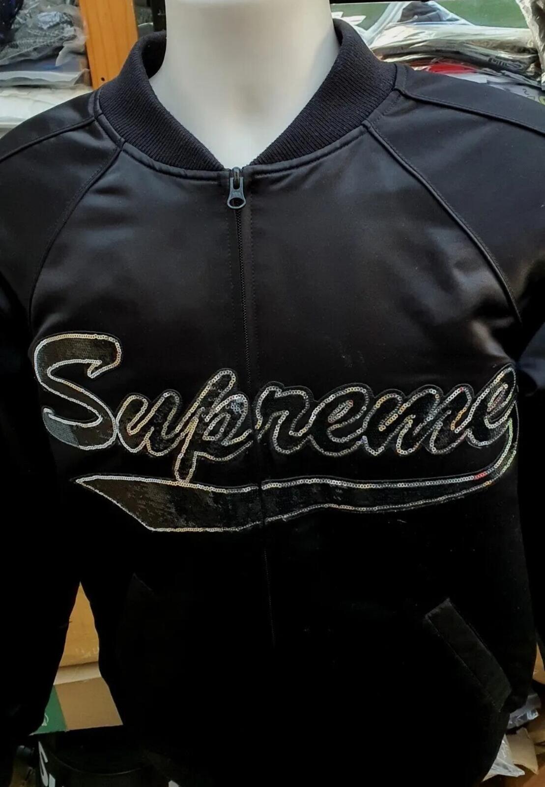 FW21 Supreme Mitchell & Ness logo varsity jacket black medium satin sequin logo