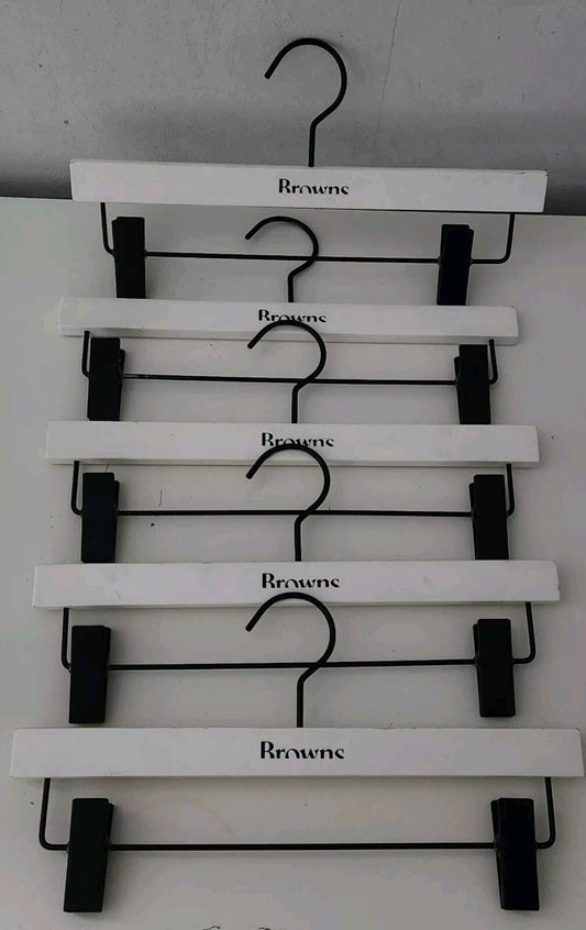5 x BROWNS White Wooden Trousers Skirt Hangers With Clips Clothes Hangers 35cm