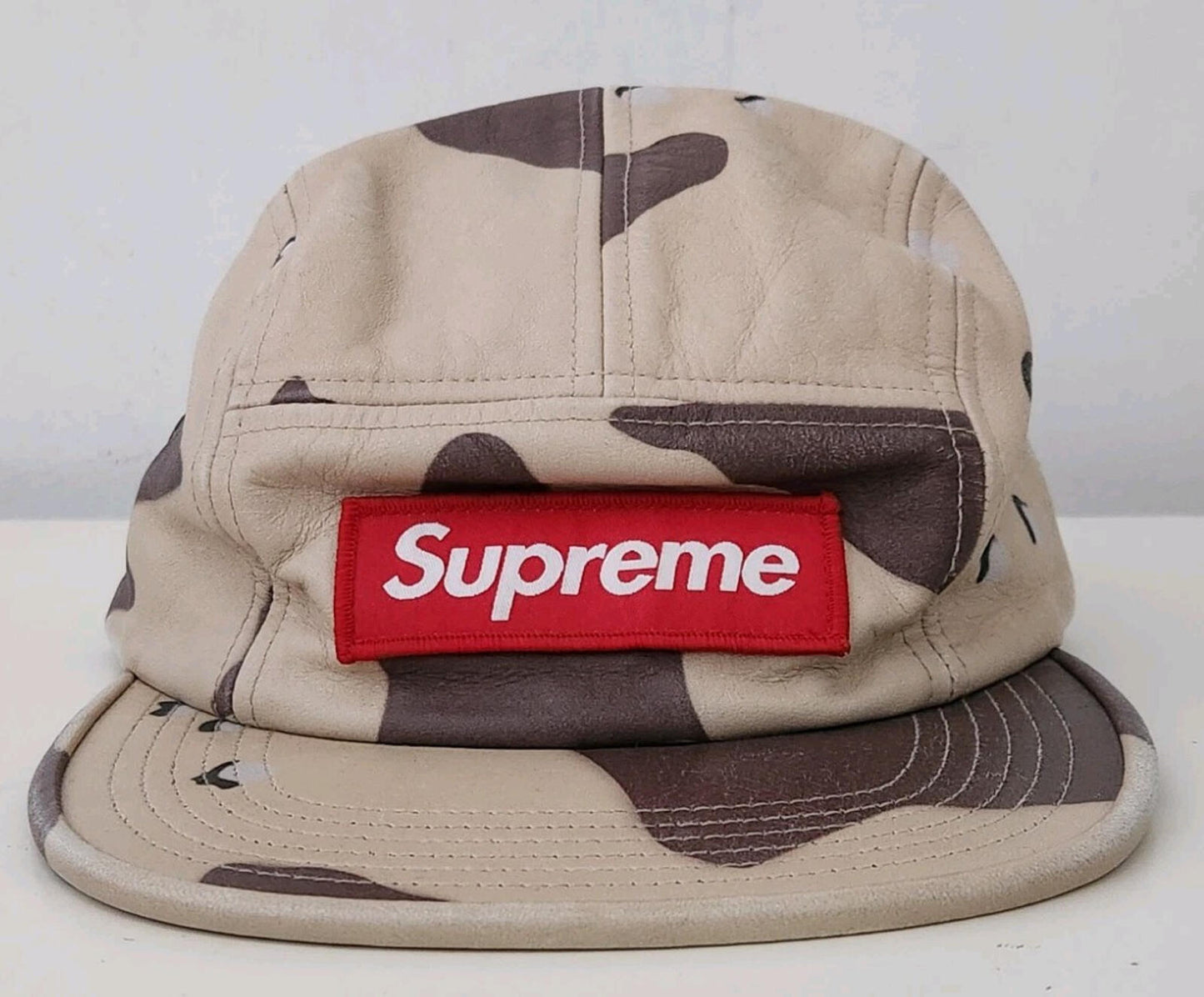SS17 Supreme Leather Camp Cap Desert Camo Hut Rotes Box Logo Made In U.S.A