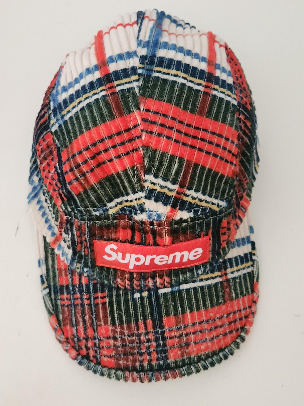 SS22 Supreme Corduroy Camp Cap Plaid Hat Box logo
