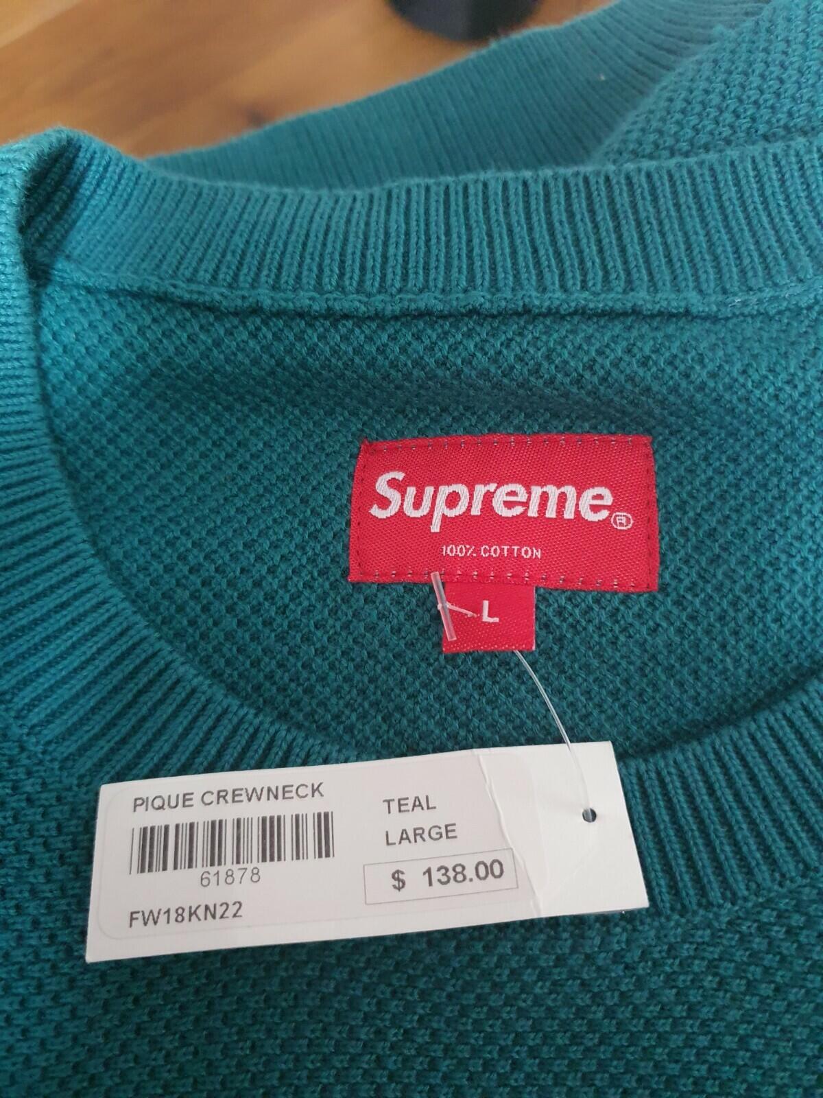 FW18 Supreme Pique Crewneck teal size L large sweater sweatshirt New With Tag