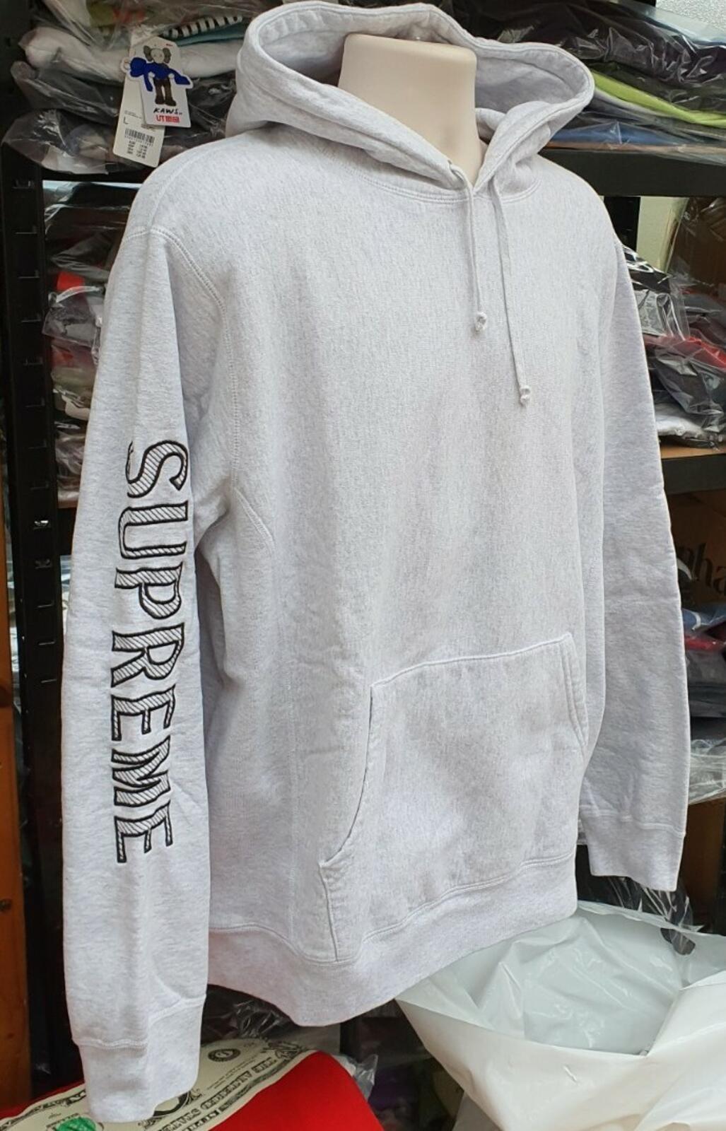 SS18 Supreme Sleeve Embroidery Hooded Sweatshirt Heather Grey Größe XL