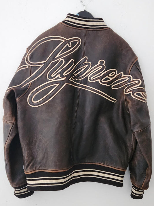 SS19 Supreme Leather Varsity Jacket L black Lambskin Brown Coat Satin Lining