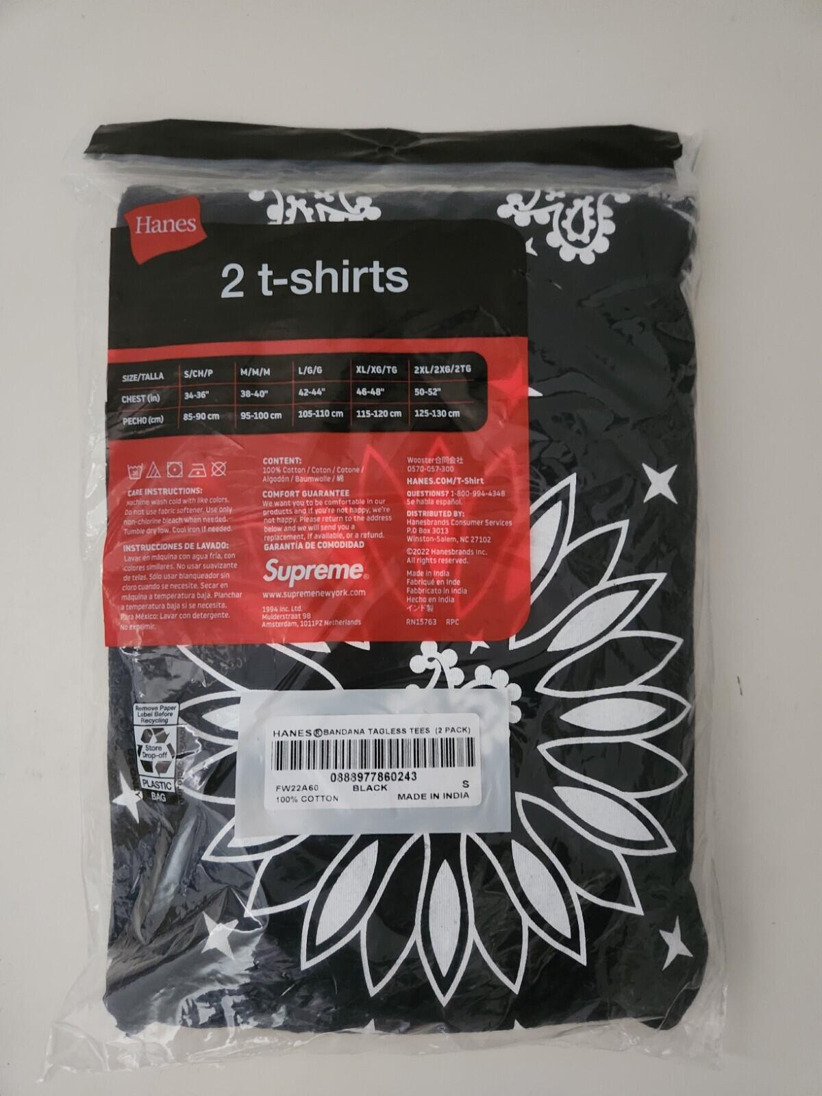 FW22 Supreme Hanes Bandana Tagless Tees 2 Pack T-shirts size S small New Black