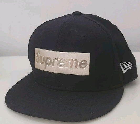 SS16 Supreme Box Logo New Era Marine Mütze Silber Metallic Logo 7 1/4 Seltene Wollmütze