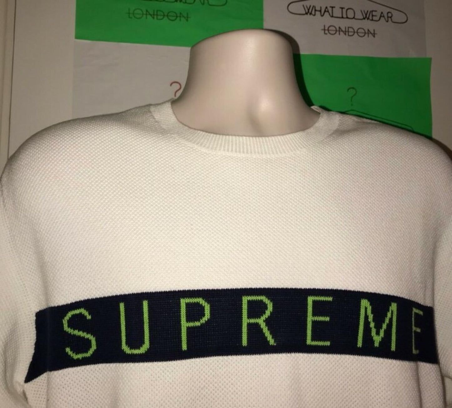 FW16 Supreme Logo Stripe Pique Crewneck White Size M
