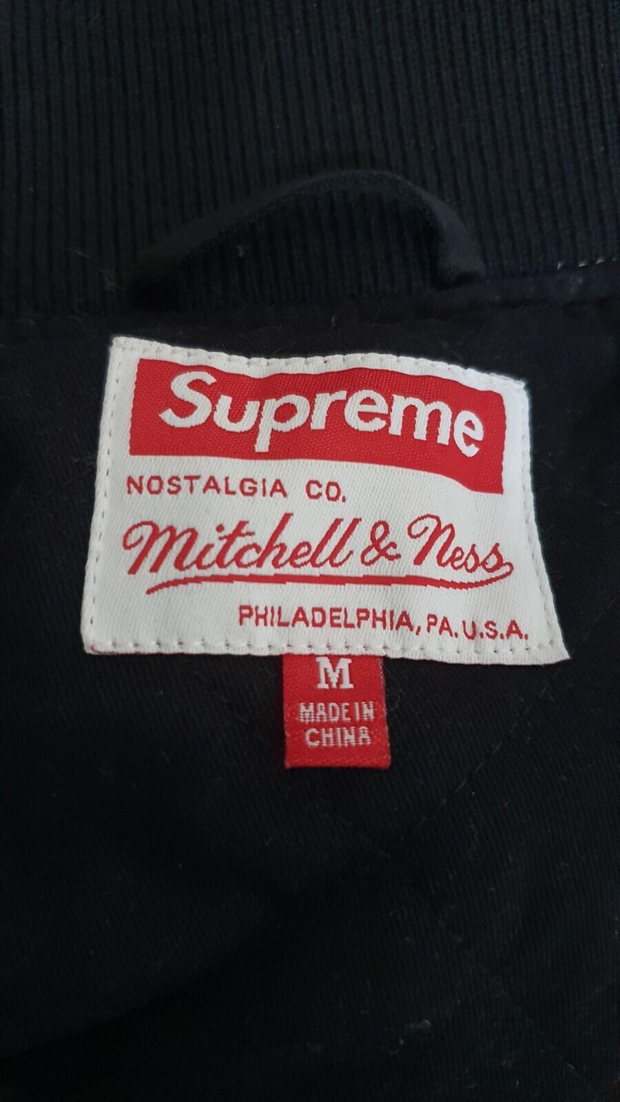 FW21 Supreme Mitchell & Ness logo varsity jacket black medium satin sequin logo