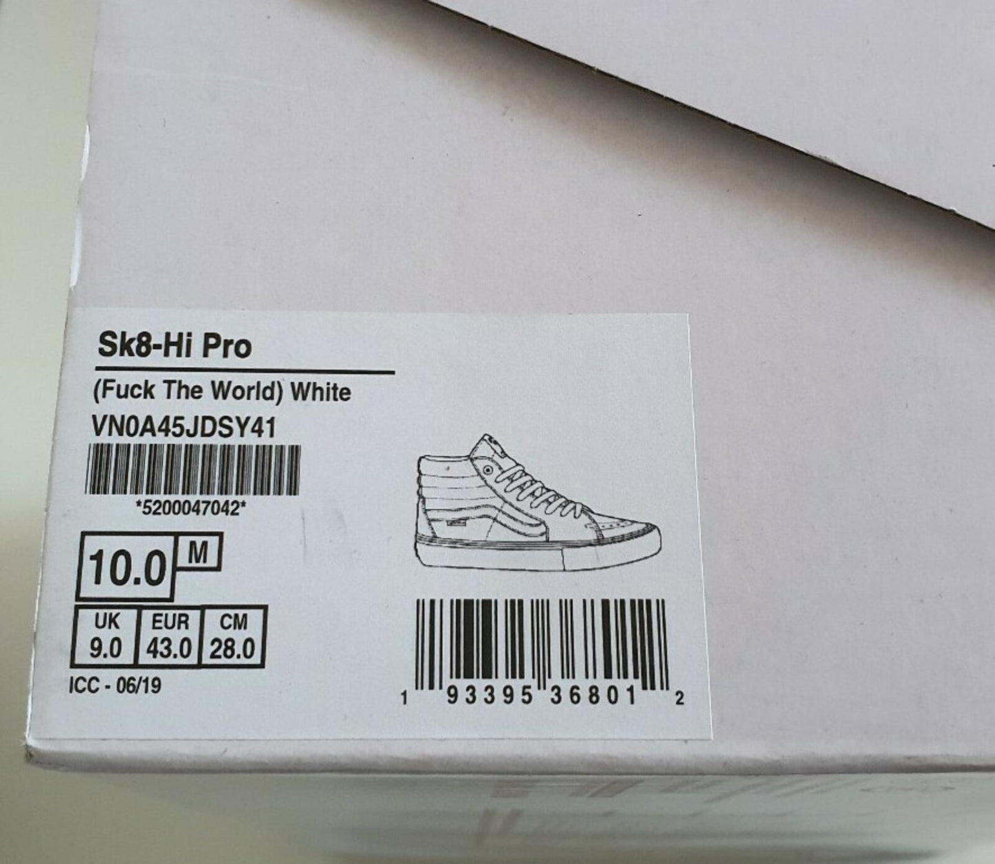 FW19 Supreme x Vans F*ck The World Sk8-Hi Pro UK 9 US 10 EUR 43 White Trainers