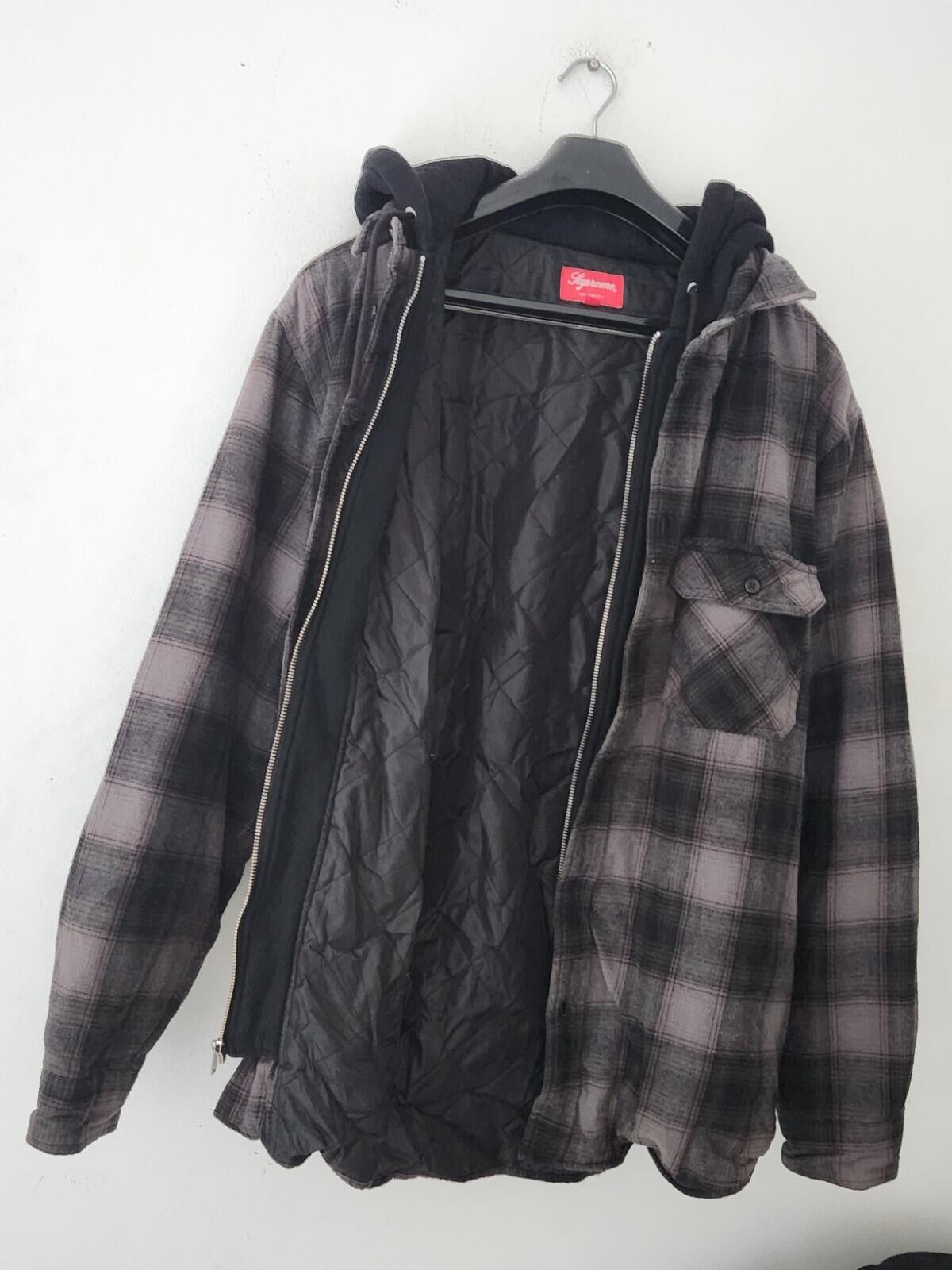 FW21 Supreme Hooded Flannel Zip Up Shirt Quilted Jacket Black Size L