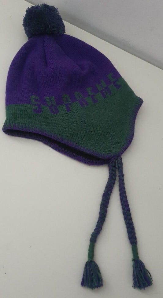 FW19 Supreme Split Logo Earflap Beanie Purple Green Hat