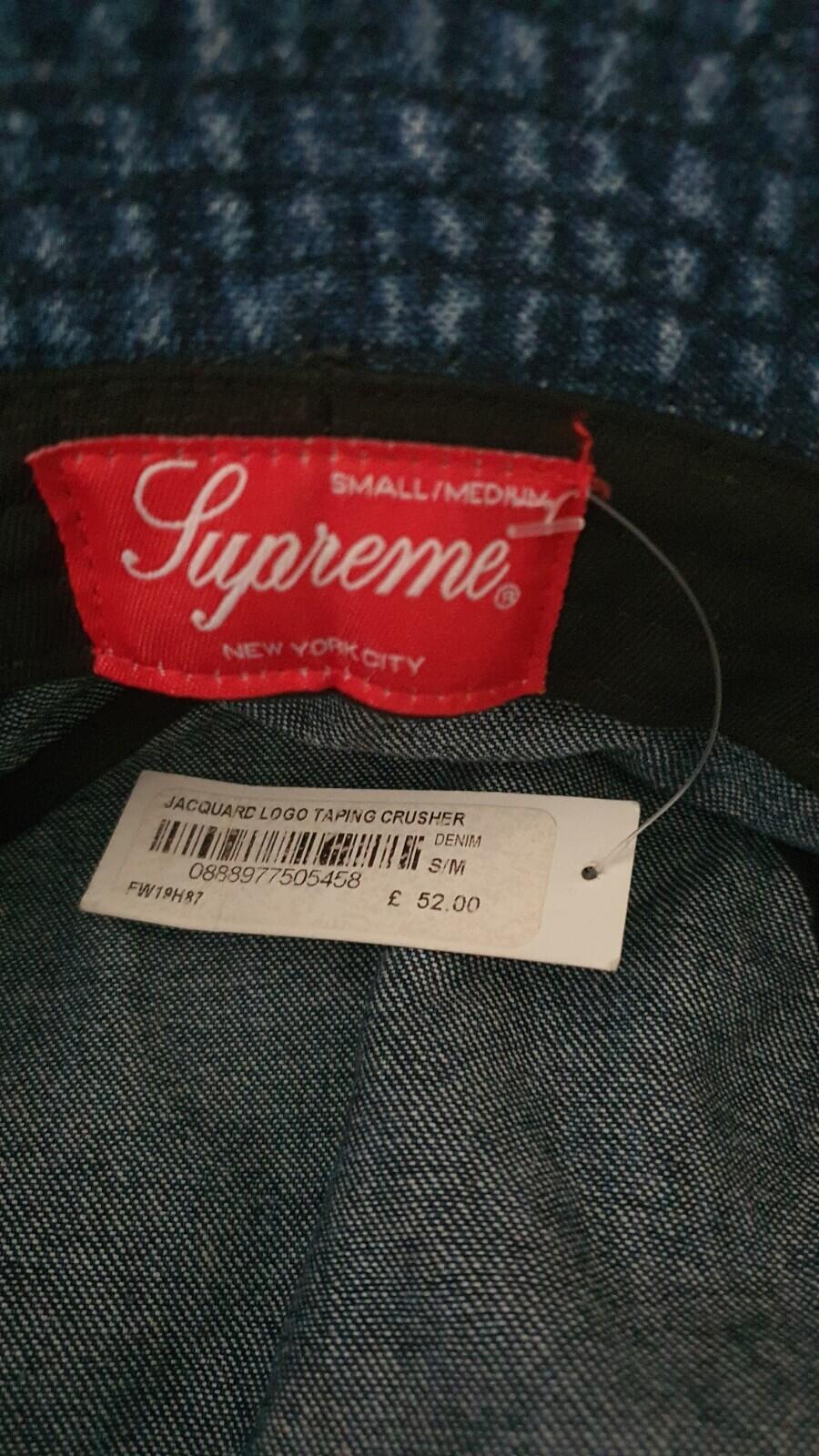 FW19 Supreme Jacquard Logo Taping crusher S/M Pocket bucket hat blue denim