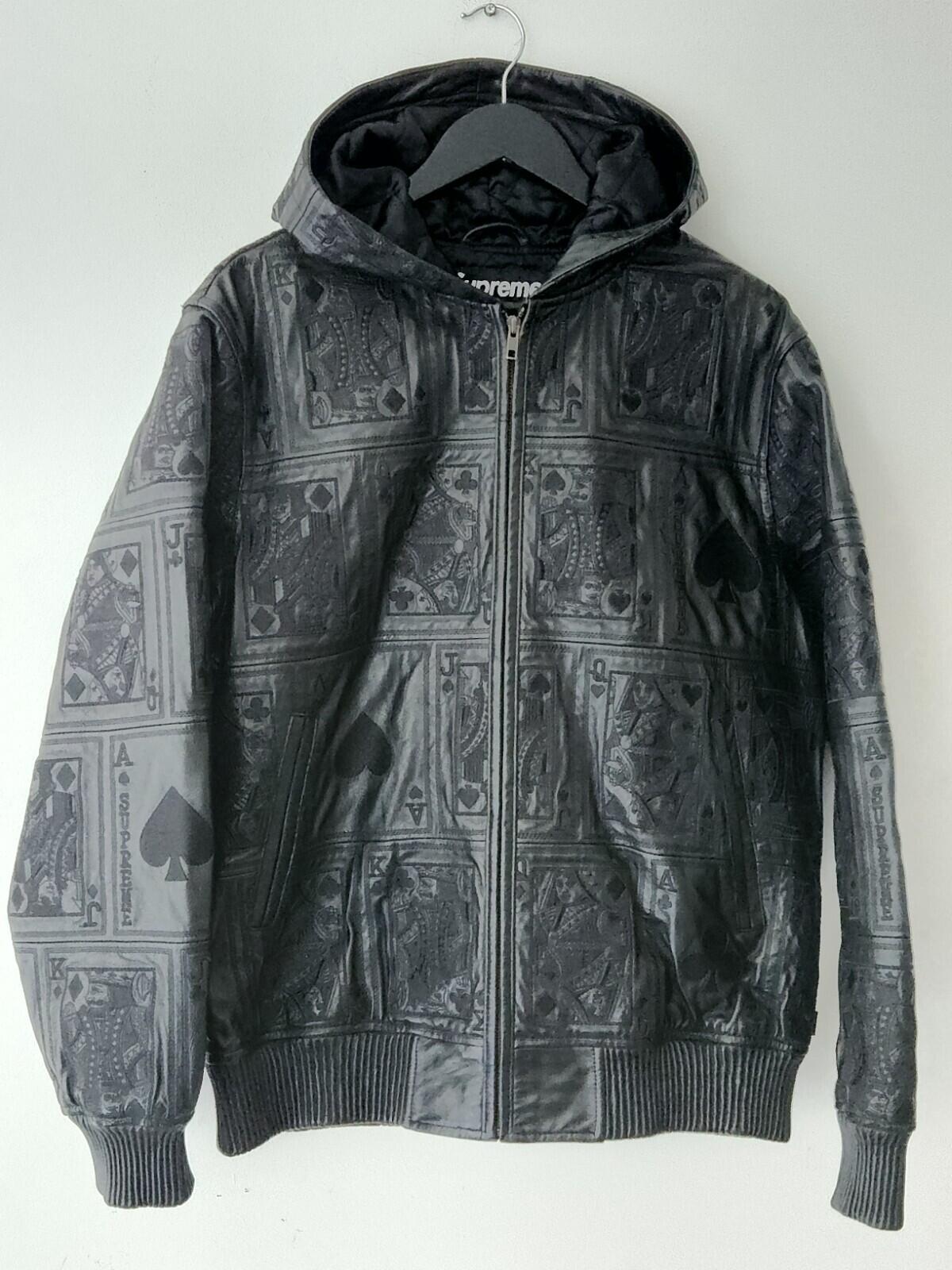 FW16 Supreme Court Cards Hooded Leather Jacket Lambskin black medium Coat Satin