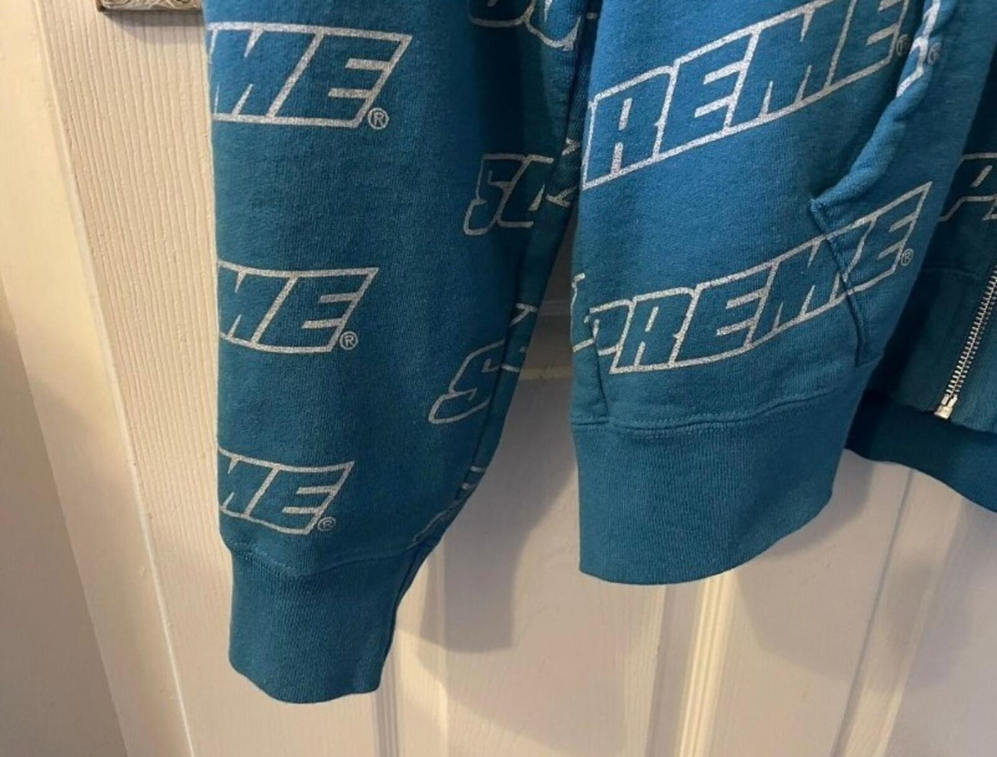 SS18 Supreme Repeat Zip Up Hooded Sweatshirt Dark Aqua Size L