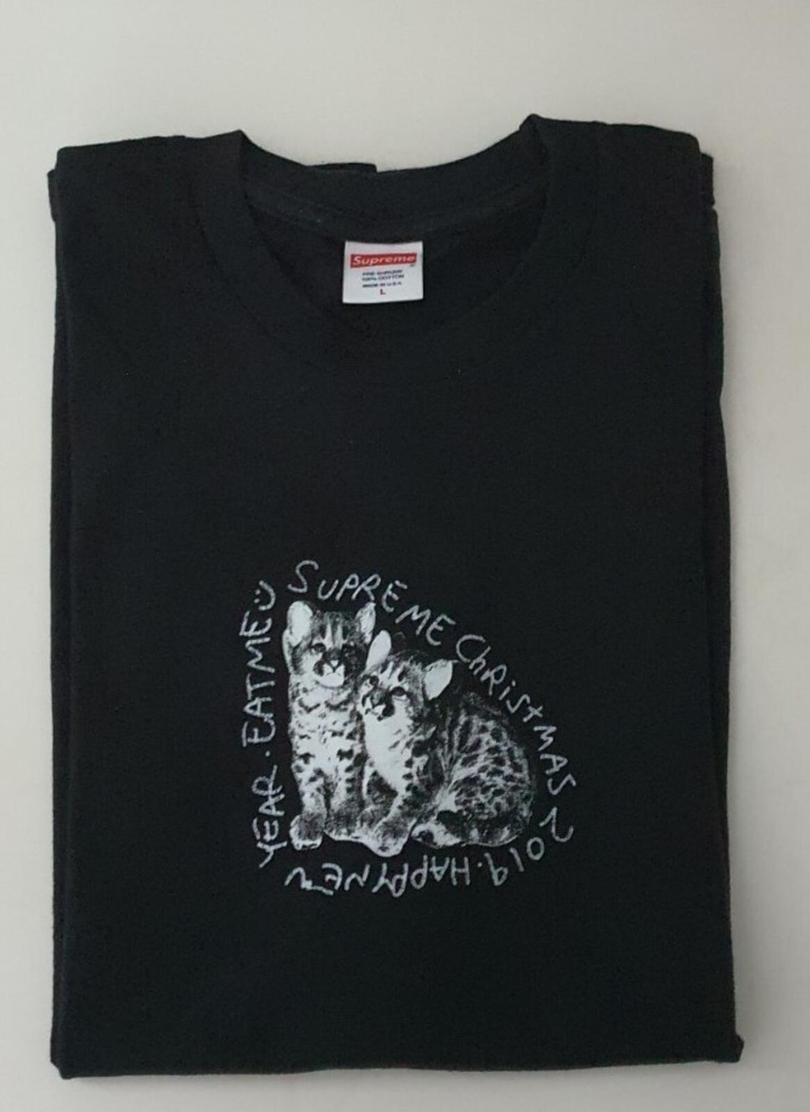 FW19 Supreme Eat me Tee schwarzes T-Shirt Größe L large cats Weihnachten frohes neues Jahr