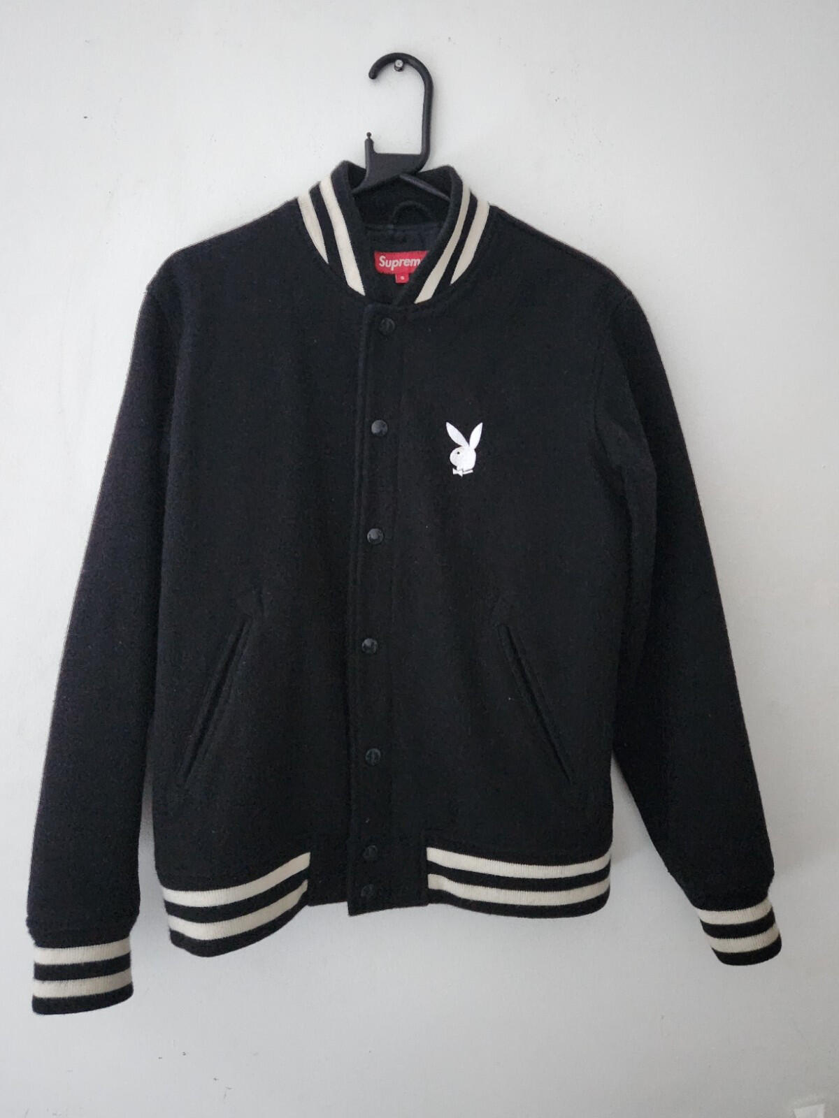 SS11 Supreme x Playboy Wool Varsity Jacket size S Small Satin Black Vintage 2011