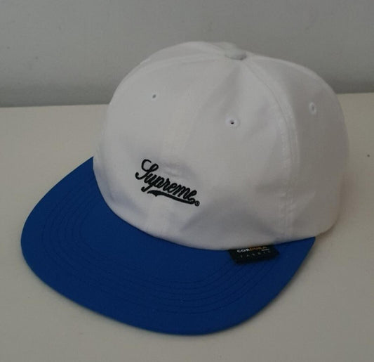 SS19 Supreme Cordura Script logo gorra de 6 paneles blanca azul