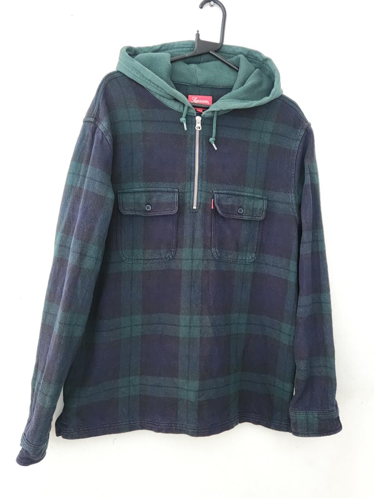 FW16 Supreme Hooded Plaid half zip hooded shirt size L large Navy