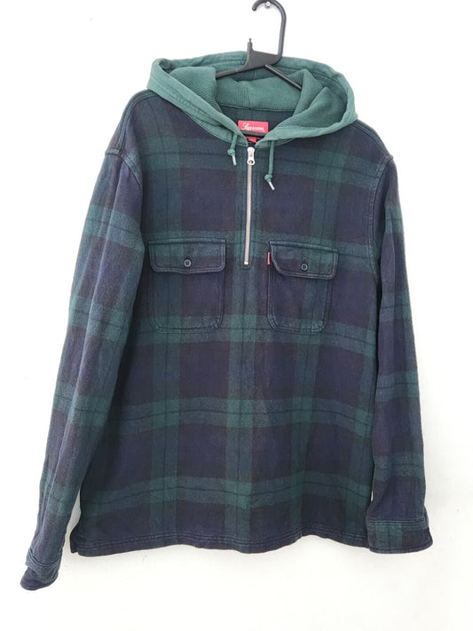 FW16 Supreme Hooded Plaid half zip hooded shirt size L large Navy