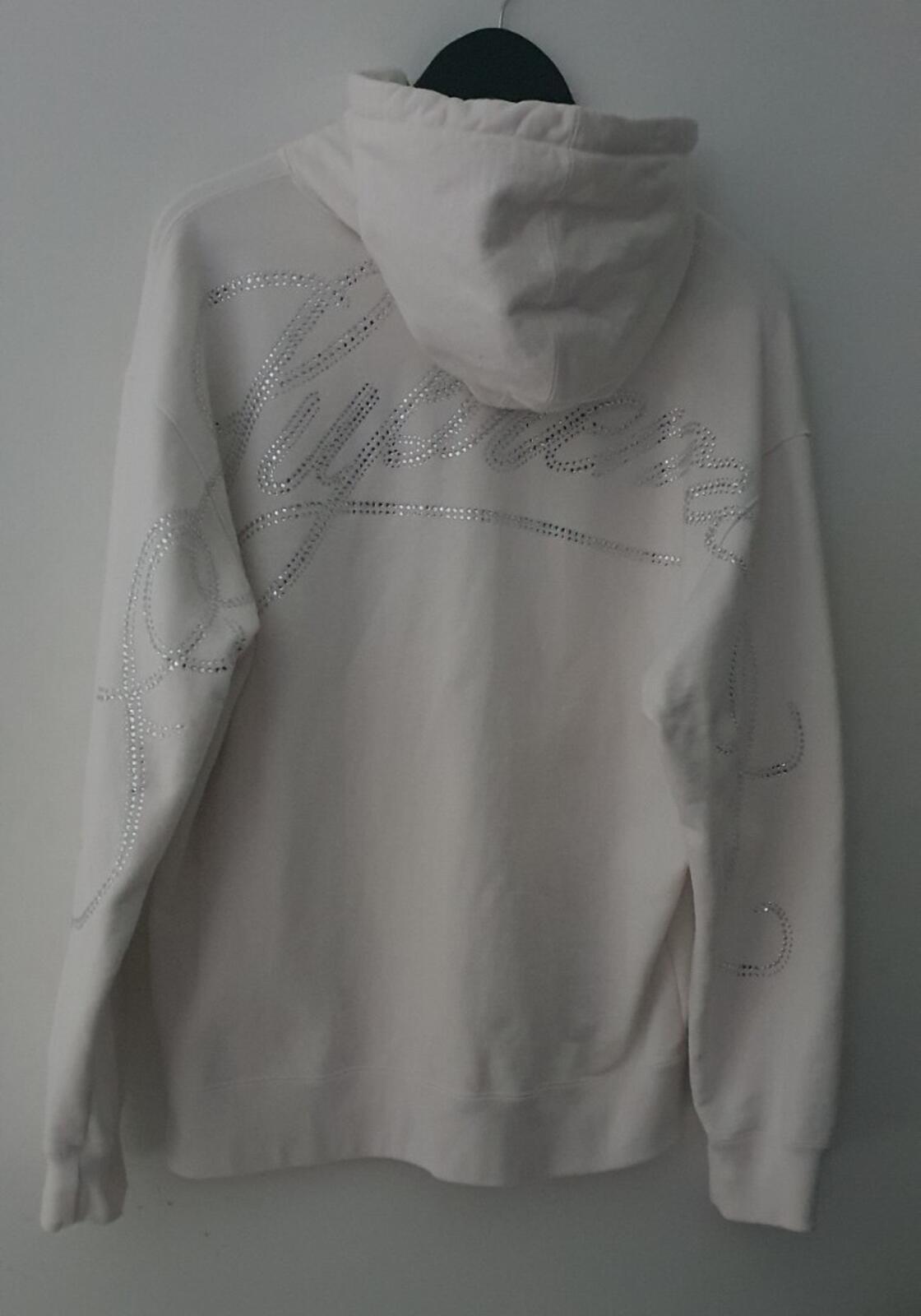 FW19 Supreme Rhinestone Script hooded sweatshirt size M medium hoodie white