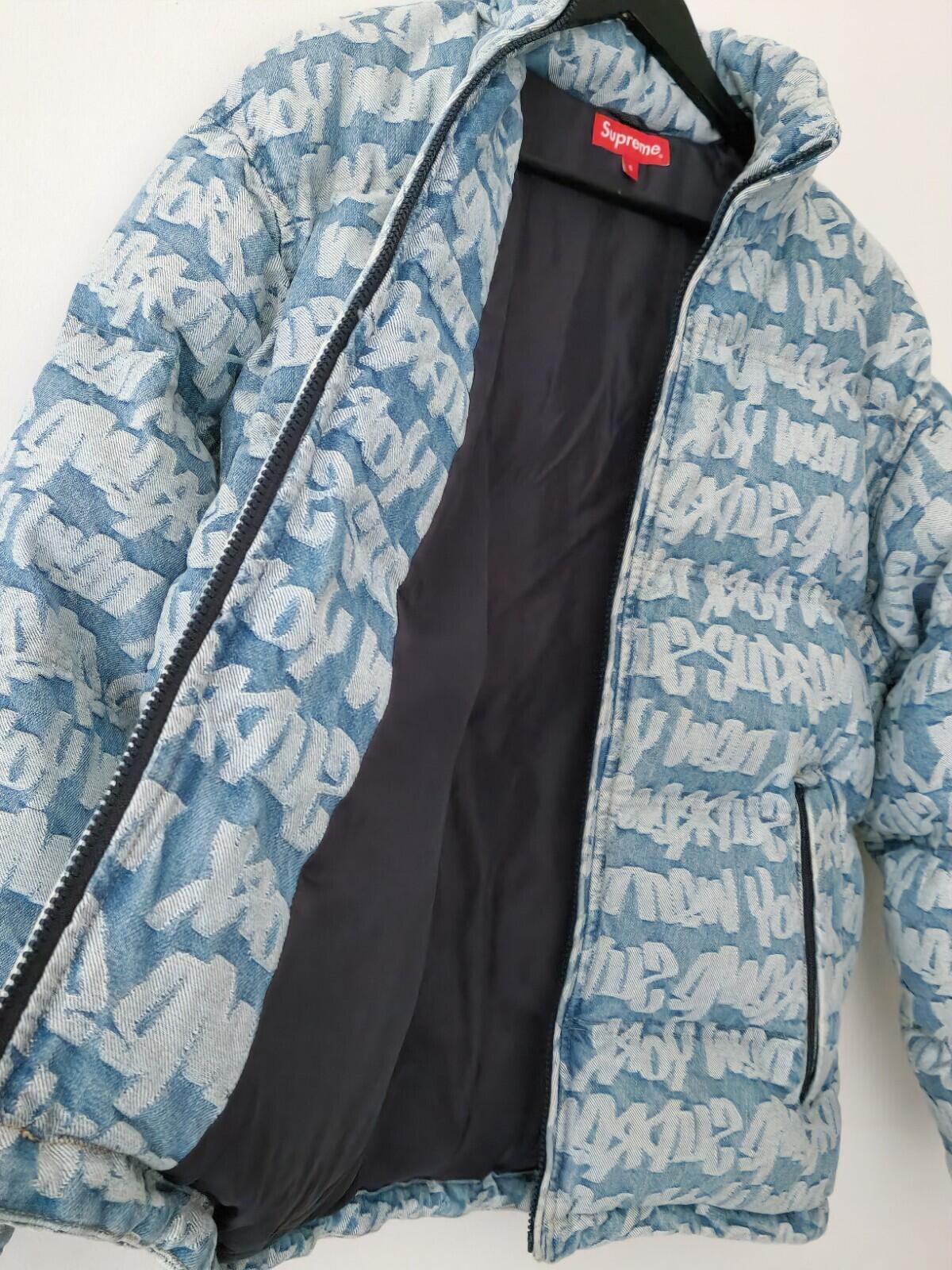 SS22 Supreme Fat Tip Jacquard Denim Puffer Jacket Blue Size S