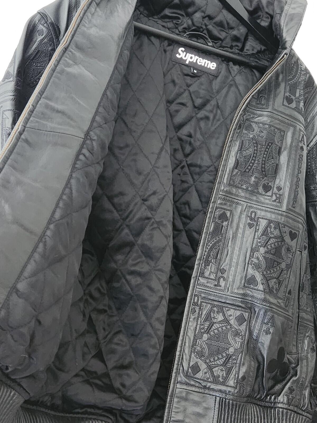 FW16 Supreme Court Cards Hooded Leather Jacket Lambskin black medium Coat Satin