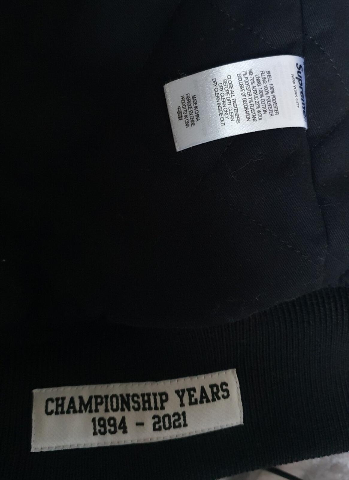 FW21 Supreme Mitchell & Ness logo varsity jacket black medium satin sequin logo
