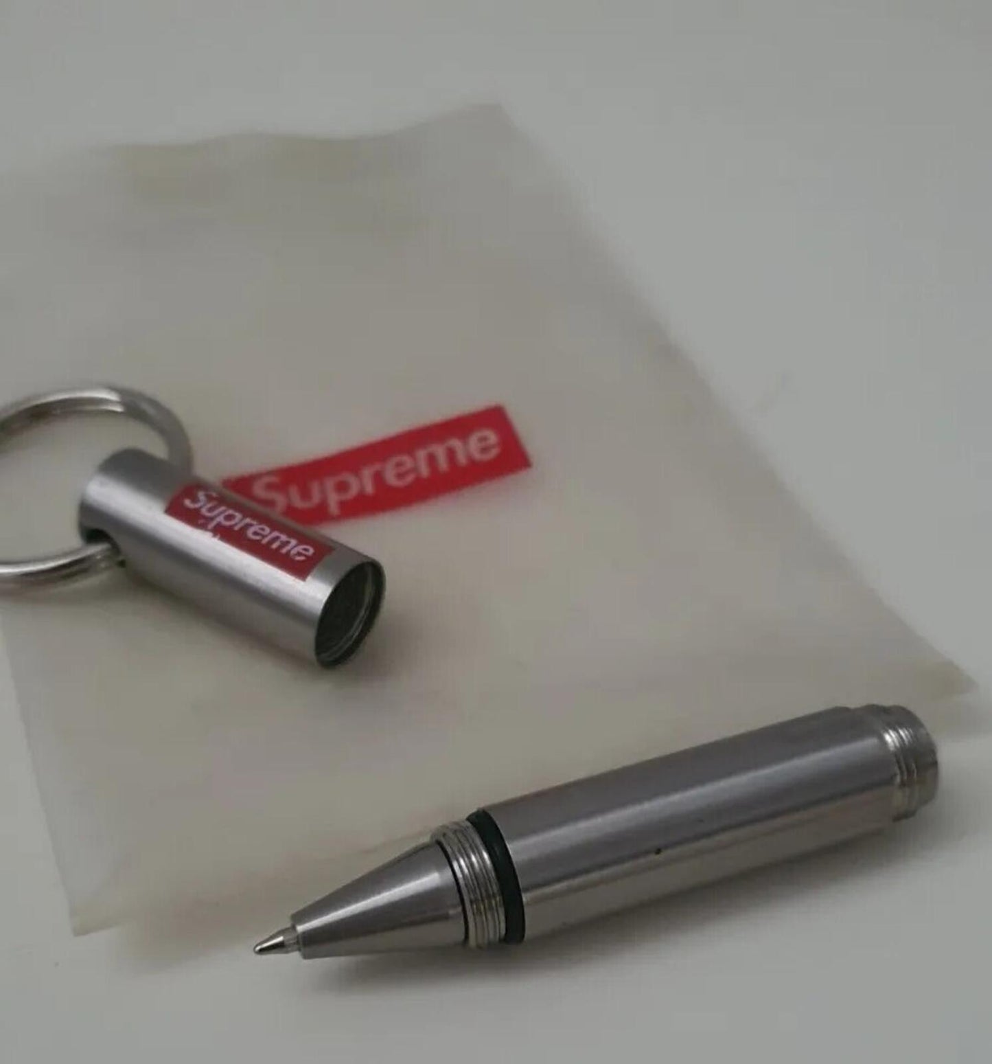 SS16 Supreme keychain Pen steel keyring silver small box logo Accessory