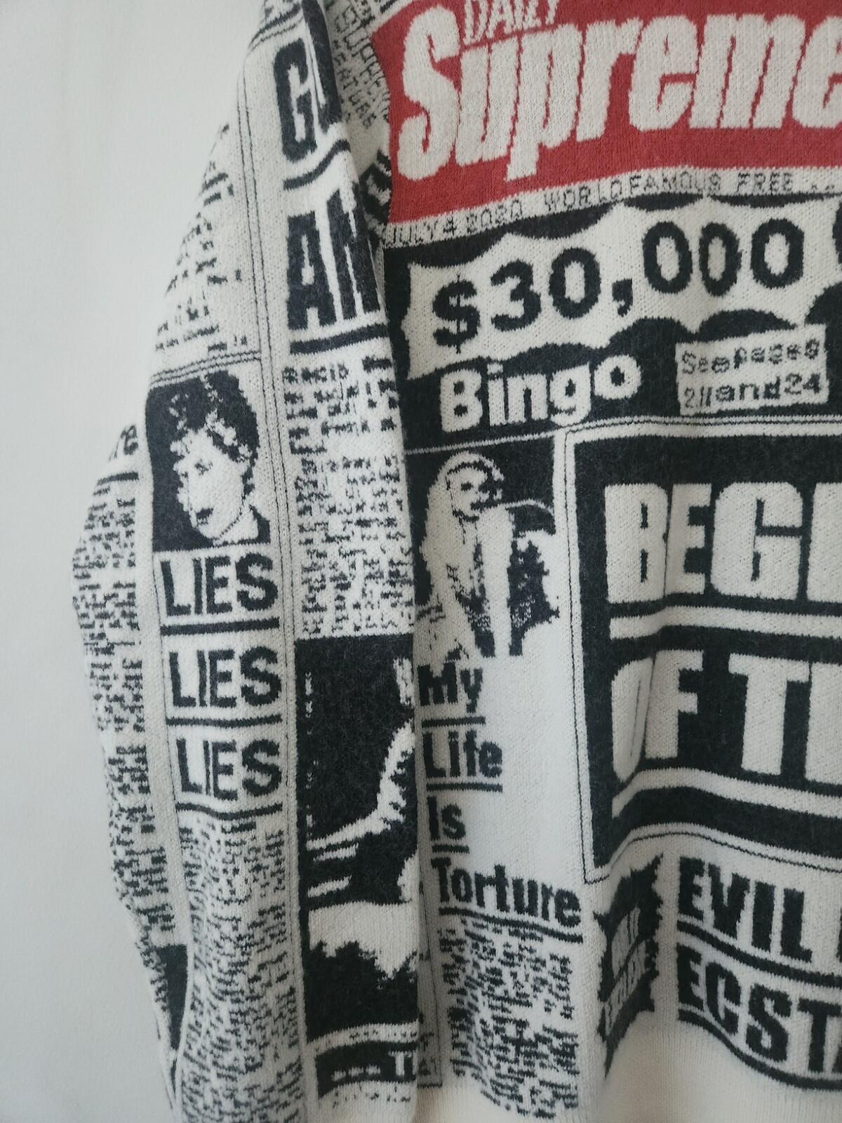 FW18 Supreme Newsprint Pullover Merinowolle Weiß Größe S