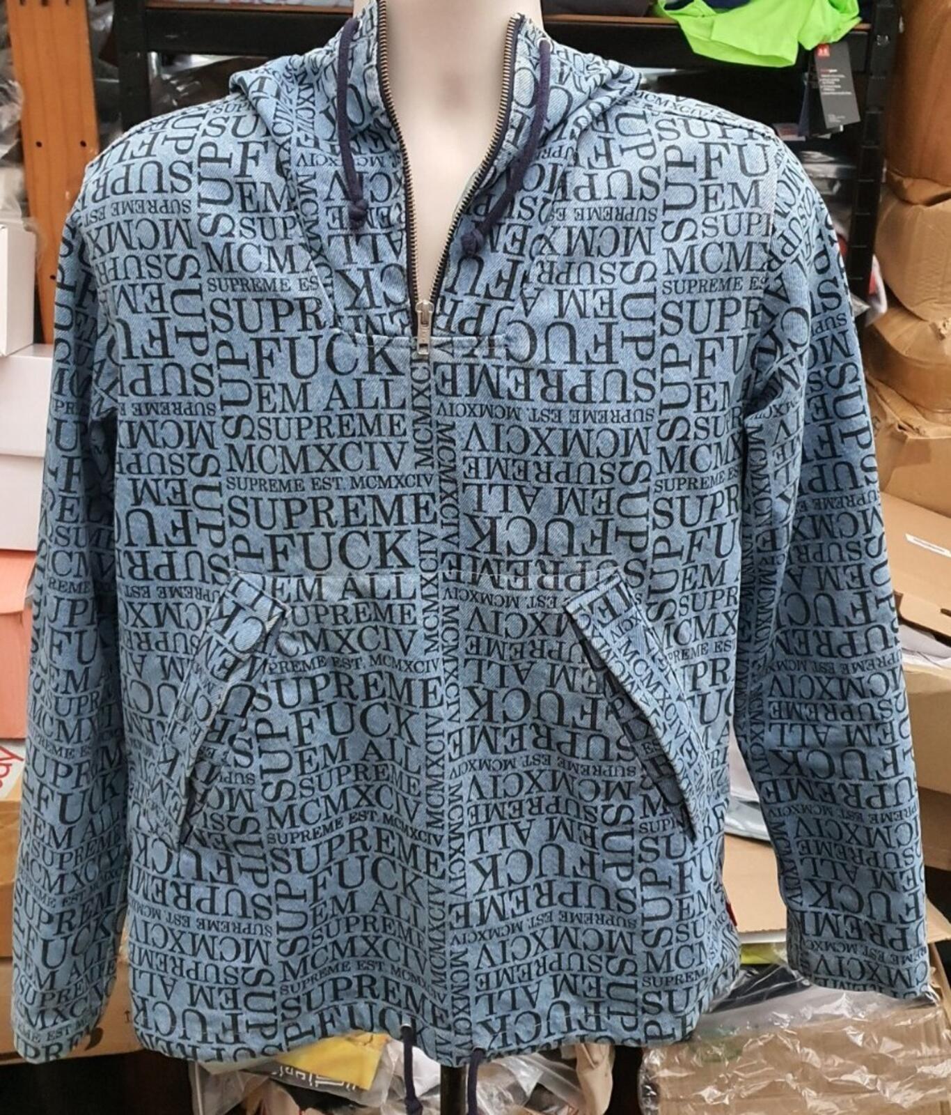 FW15 Supreme F UCK EM ALL Denim Hooded Pullover Blue Size S