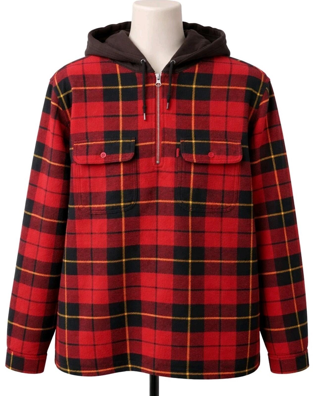 FW16 Supreme Hooded Plaid Half Zip Hooded Shirt Red Size L