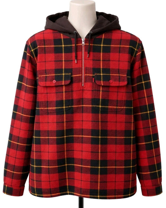 FW16 Supreme Hooded Plaid Half Zip Hooded Shirt Red Size L