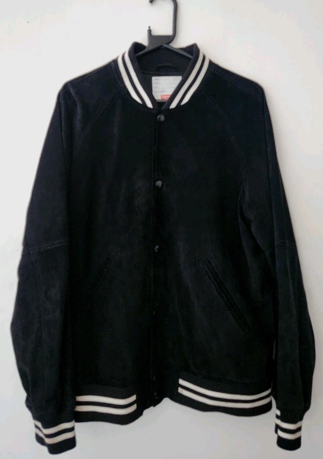 SS17 Supreme Suede Varsity Jacket L Large Black Leather Chenille Logo Coat Satin