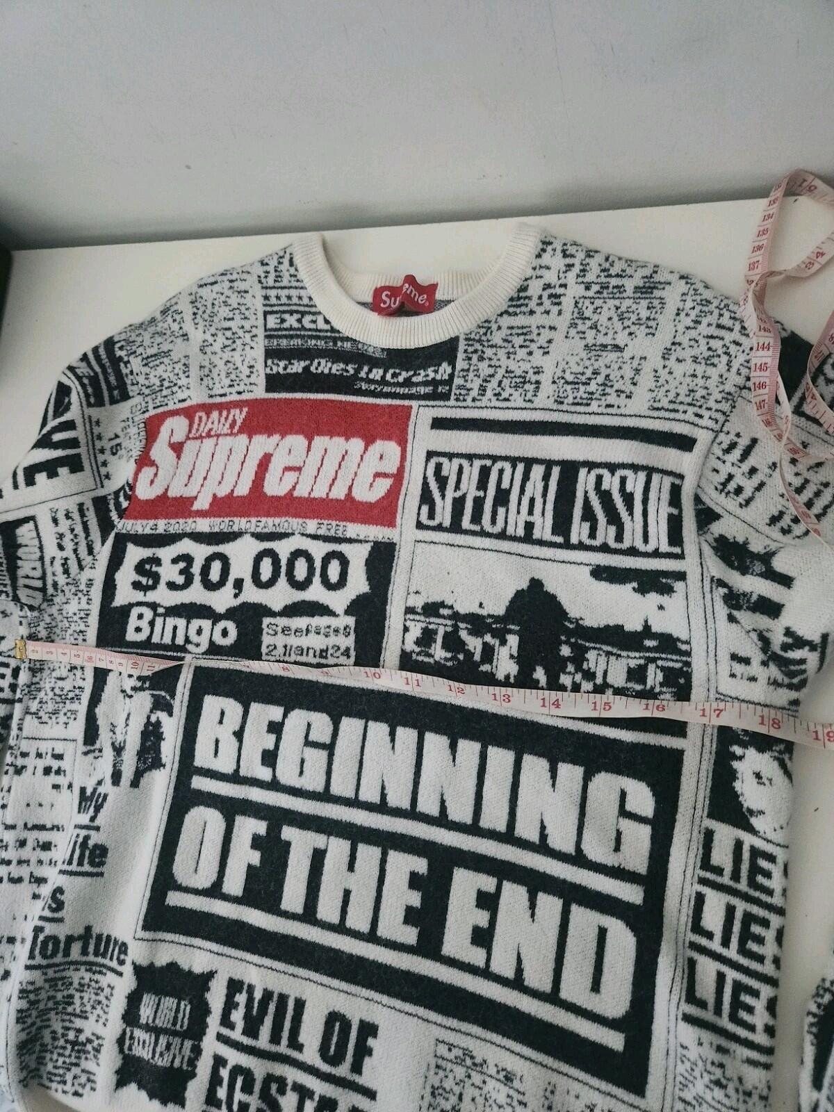 FW18 Supreme Newsprint Pullover Merinowolle Weiß Größe S