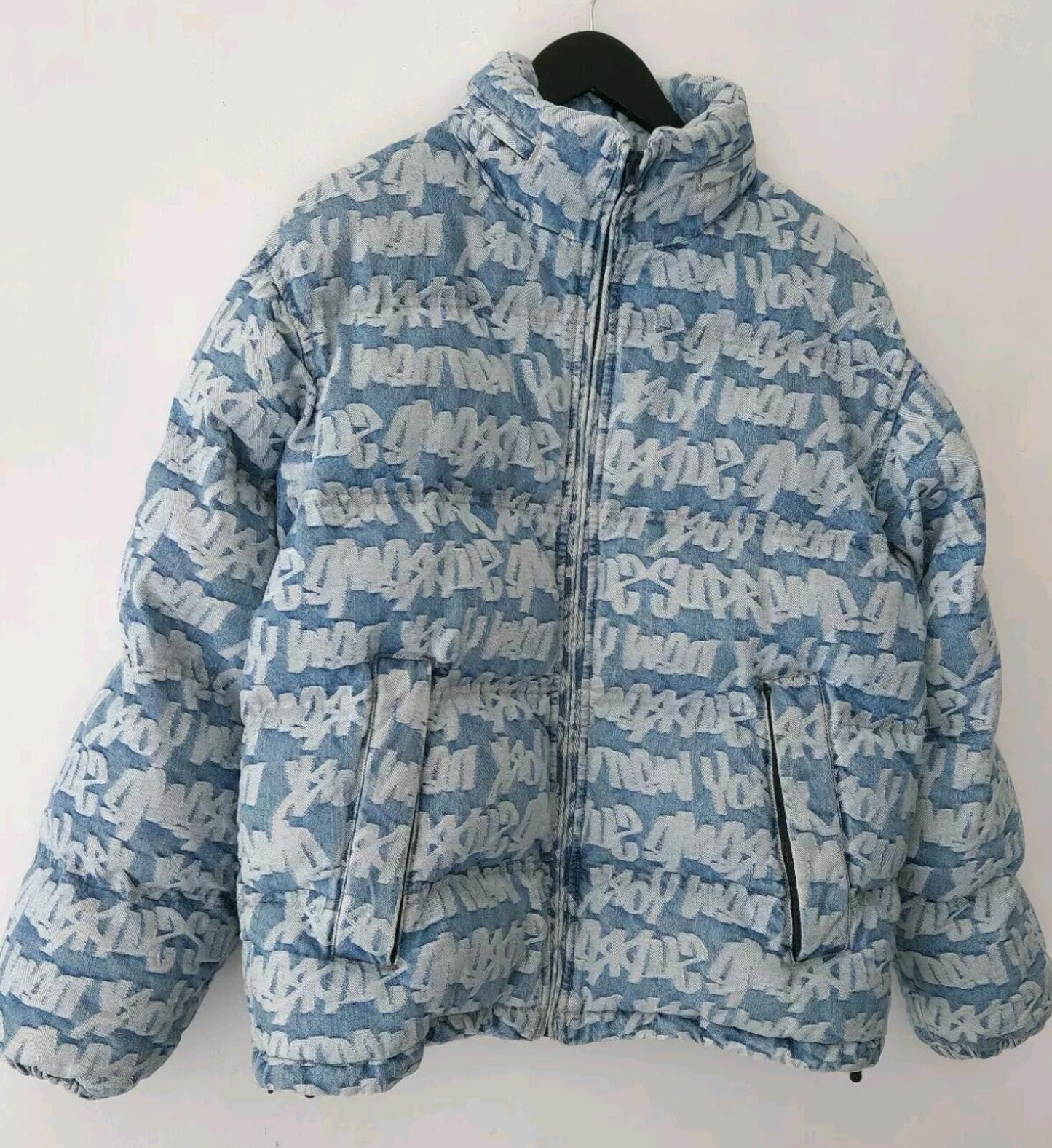 SS22 Supreme Fat Tip Jacquard Denim Puffer Jacket Blue Size S