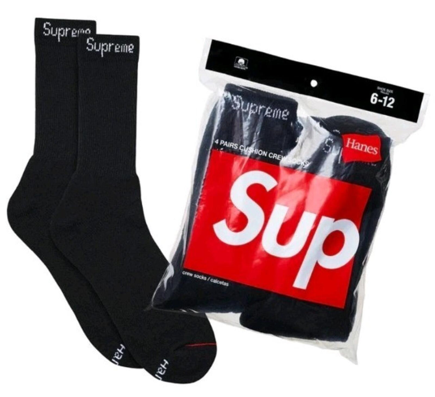 SS25 Supreme Hanes crew socks ( 4 pack ) Black Cotton Sock New Unopened