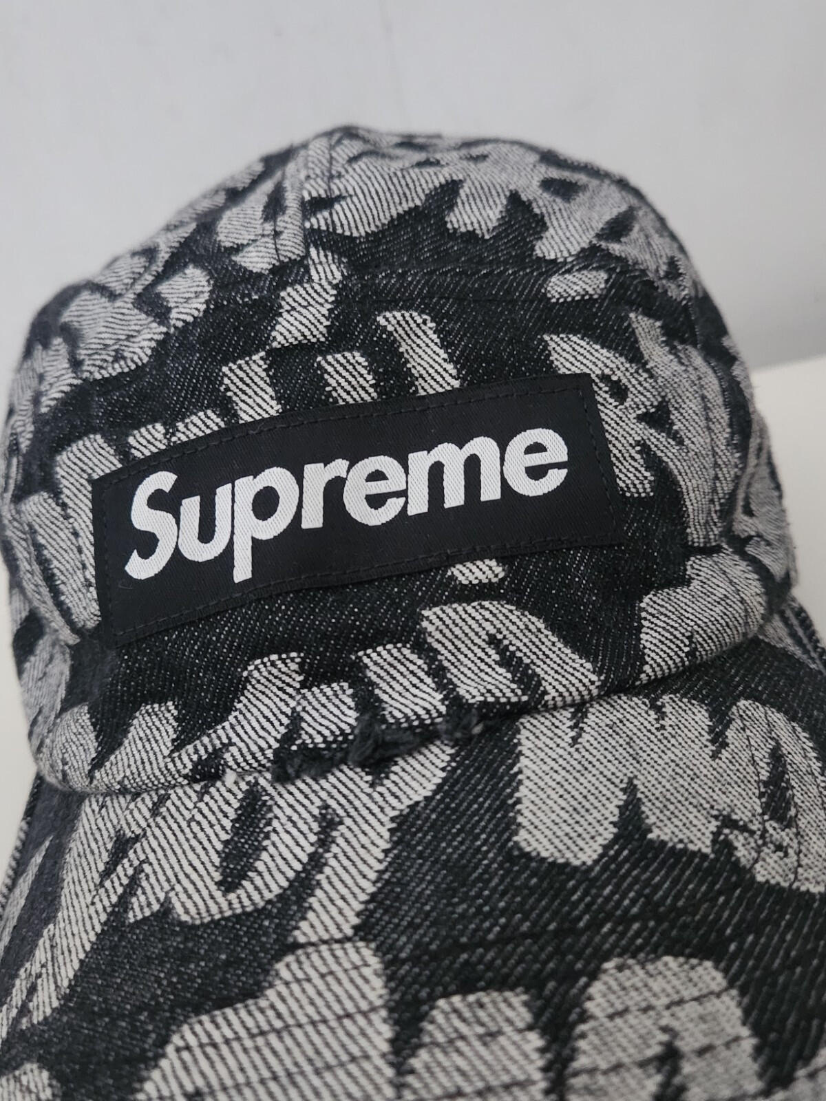 SS22 Supreme Fat Tip Jacquard Denim Camp Cap Black hat