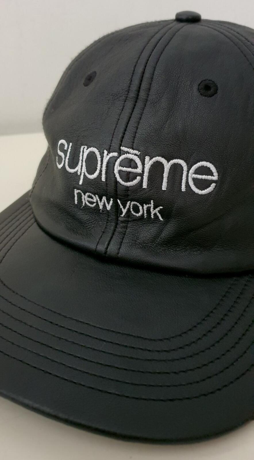 Gorra de 6 paneles FW16 Supreme Leather Classic Logo negra rara