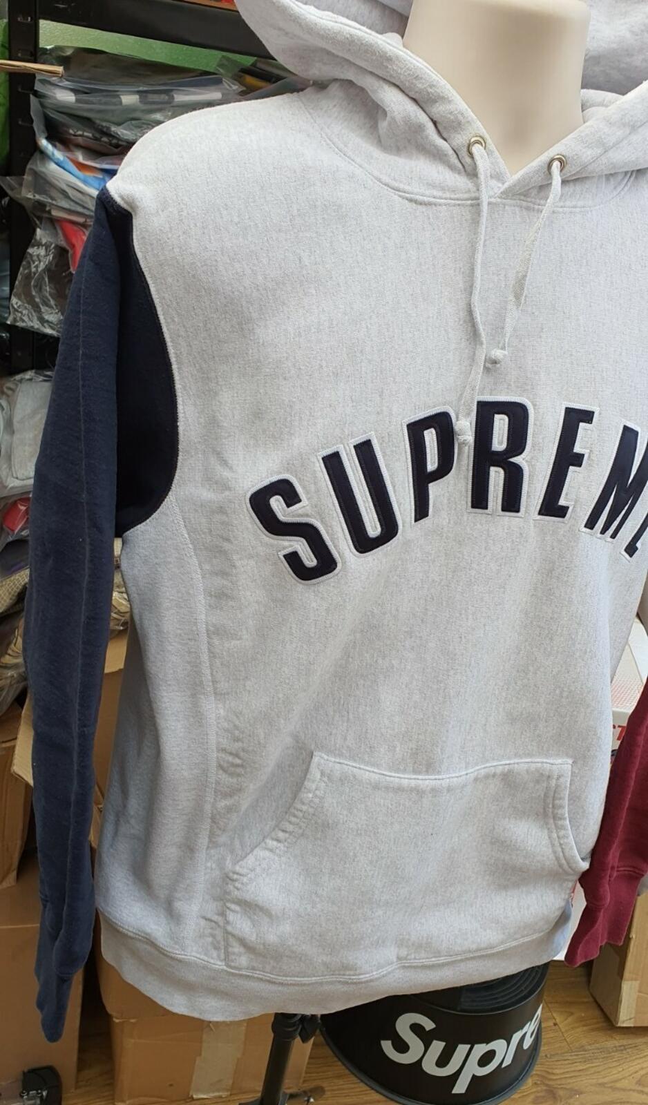 FW16 Supreme Color Blocked Arc Logo Kapuzenpullover Grau Größe XL