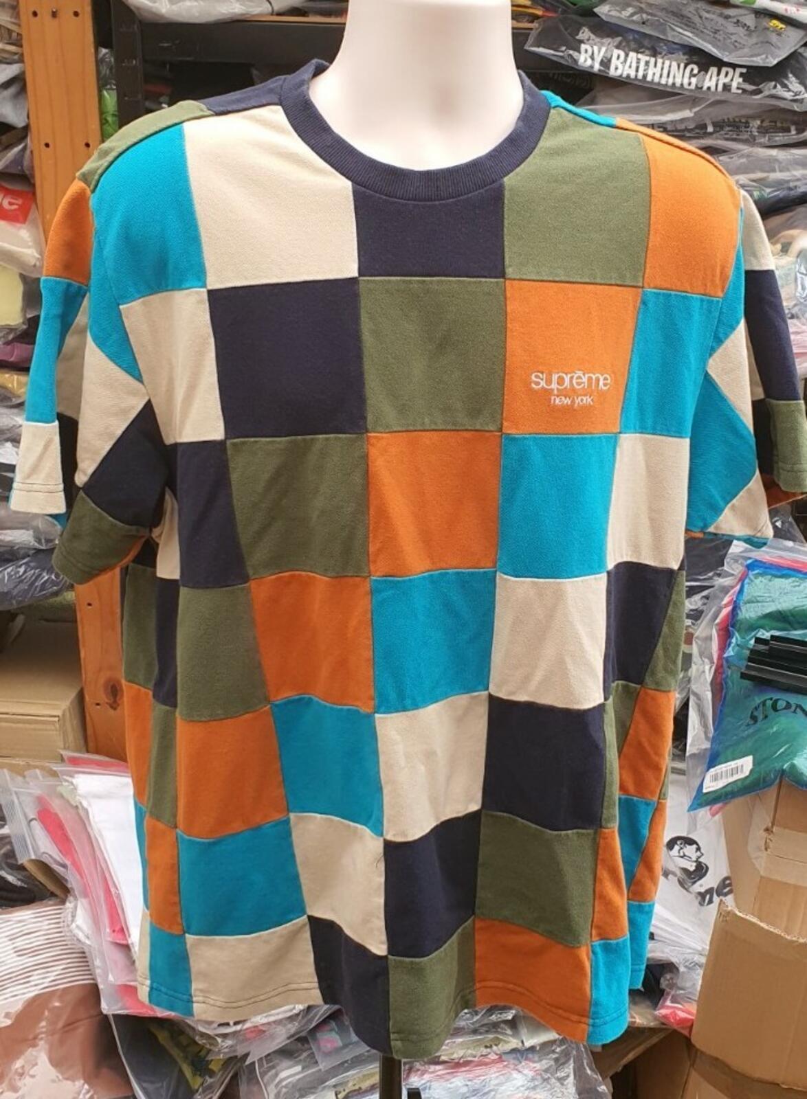 FW18 Supreme Patchwork Pique T-Shirt Marine/Petrol/Orange Größe L