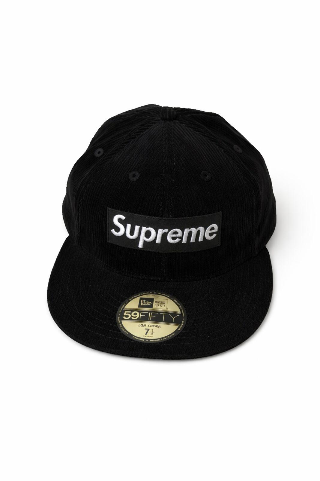 FW15 Supreme Box Logo 59Fifty New Era Corduroy Black hat Size 7 1/2