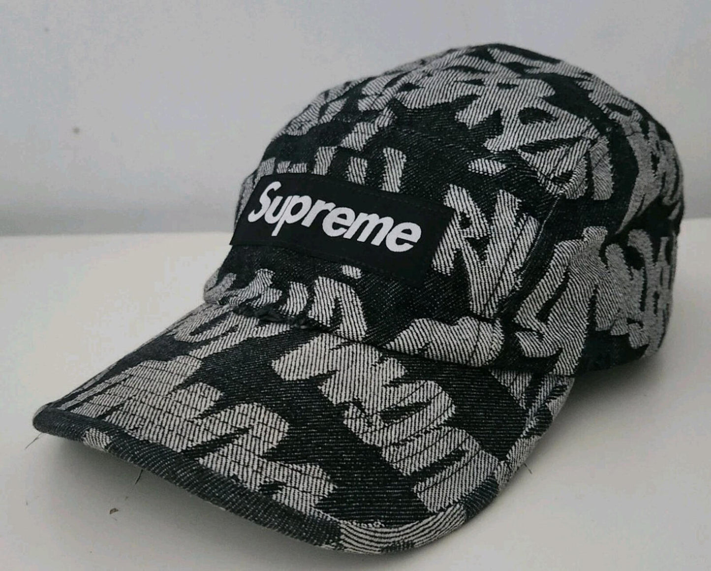 SS22 Supreme Fat Tip Jacquard Denim Camp Cap Black hat
