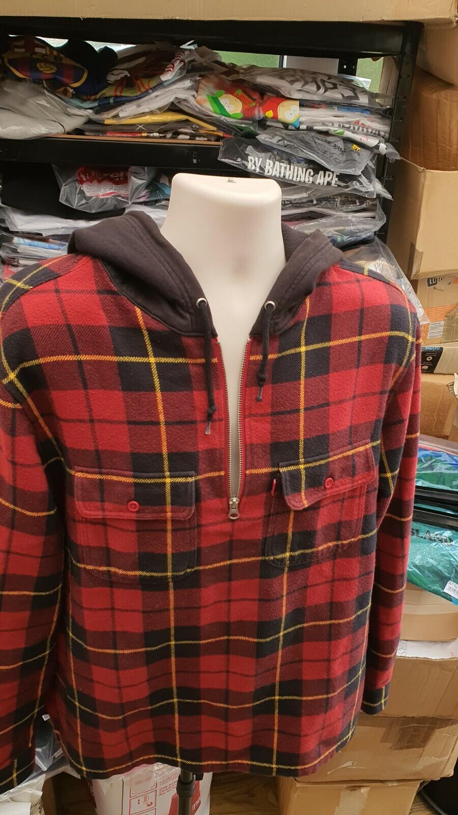FW16 Supreme Hooded Plaid Half Zip Hooded Shirt Red Size L