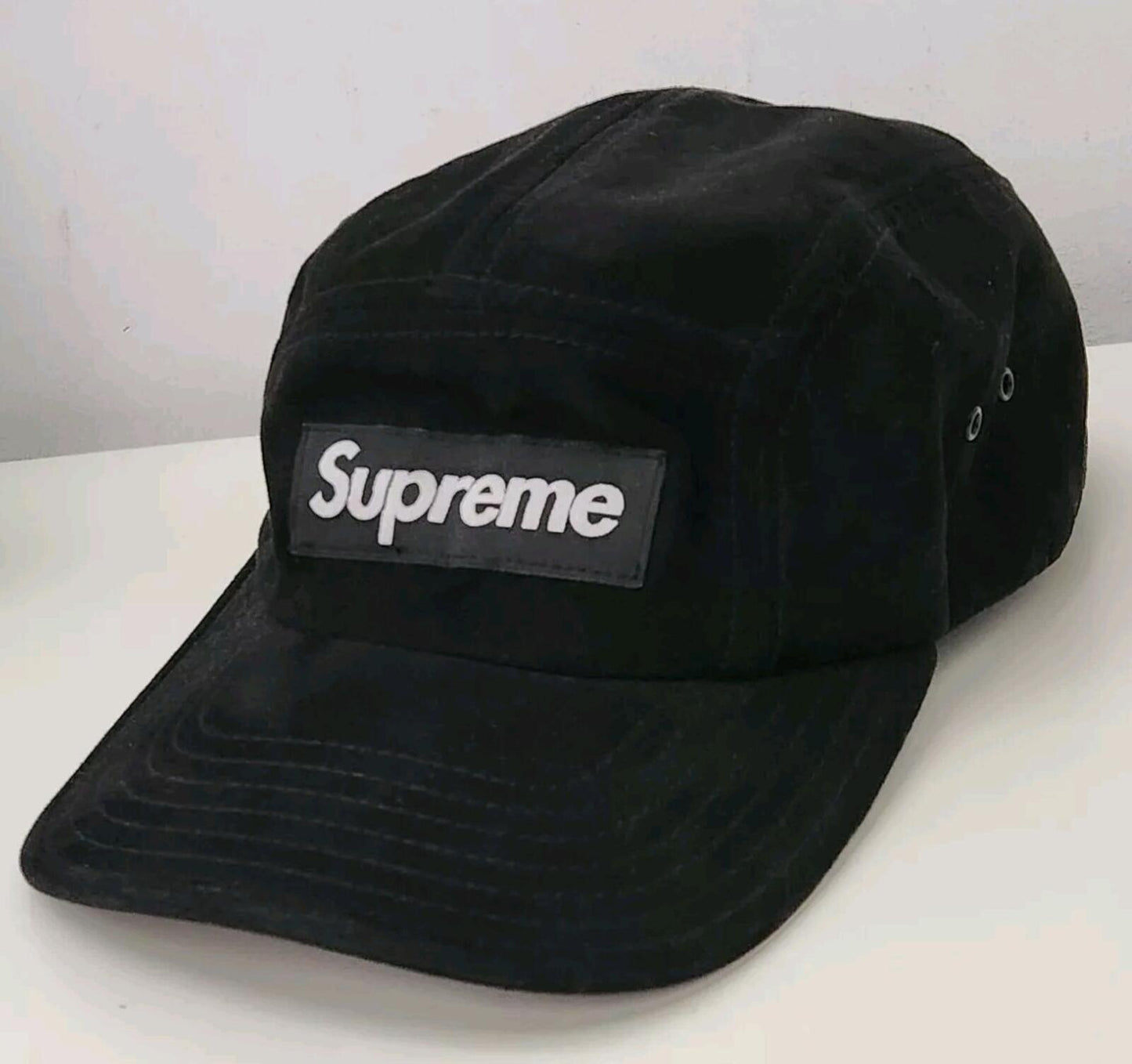 SS17 Supreme Suede Camp Cap Black Leather Hat Box Logo