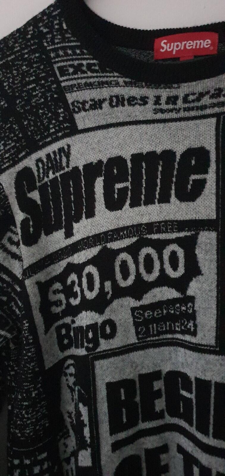 FW18 Supreme Newsprint schwarzer Pullover Größe M mittlerer Jumper Zeitung Merinowolle